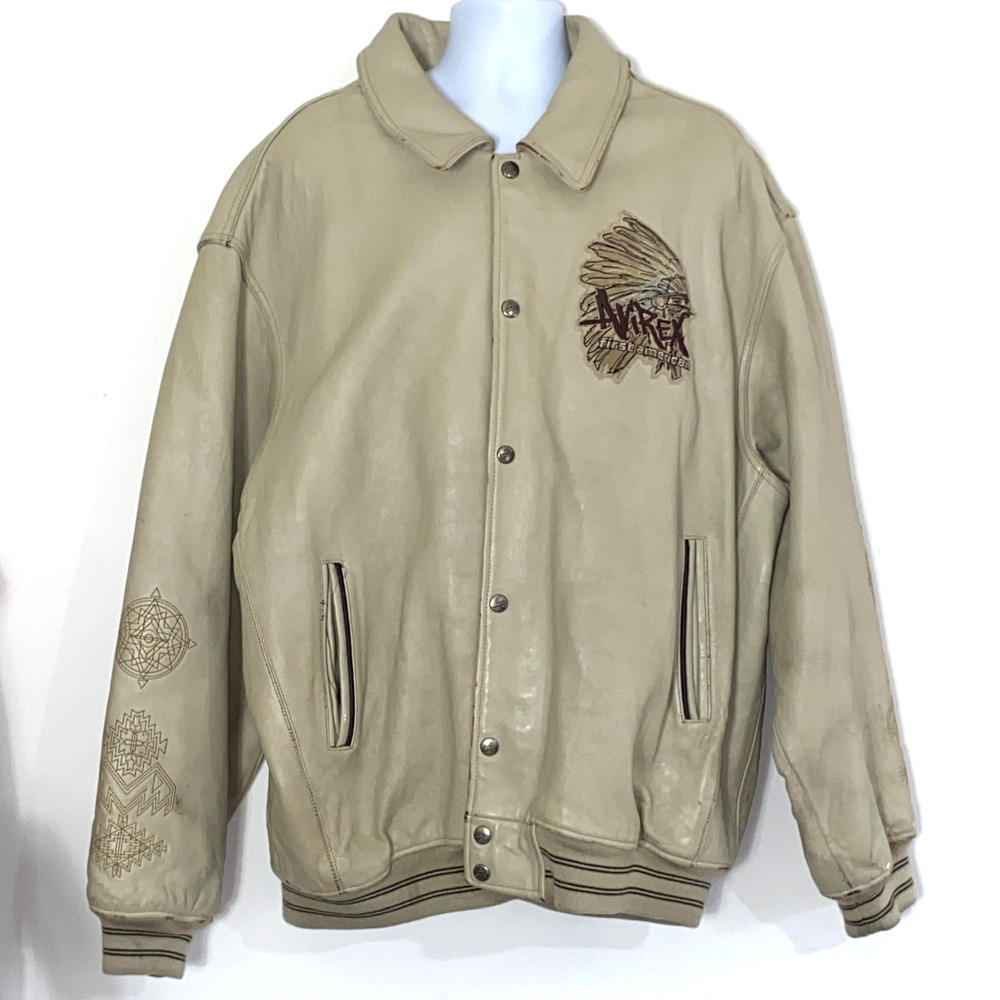 Avirex Leather Jacket Mens Size 4X Beige Authentic First American Coat Rare